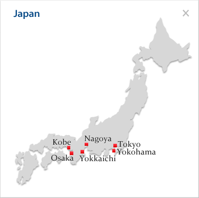 A expanded map of Japan, including niigata, naoetsu, tokyo, yokohama, shimizu, nagoya, yokkaichi, himeji, tokuyama, shibushi, osaka, kobe, toyamashinko.